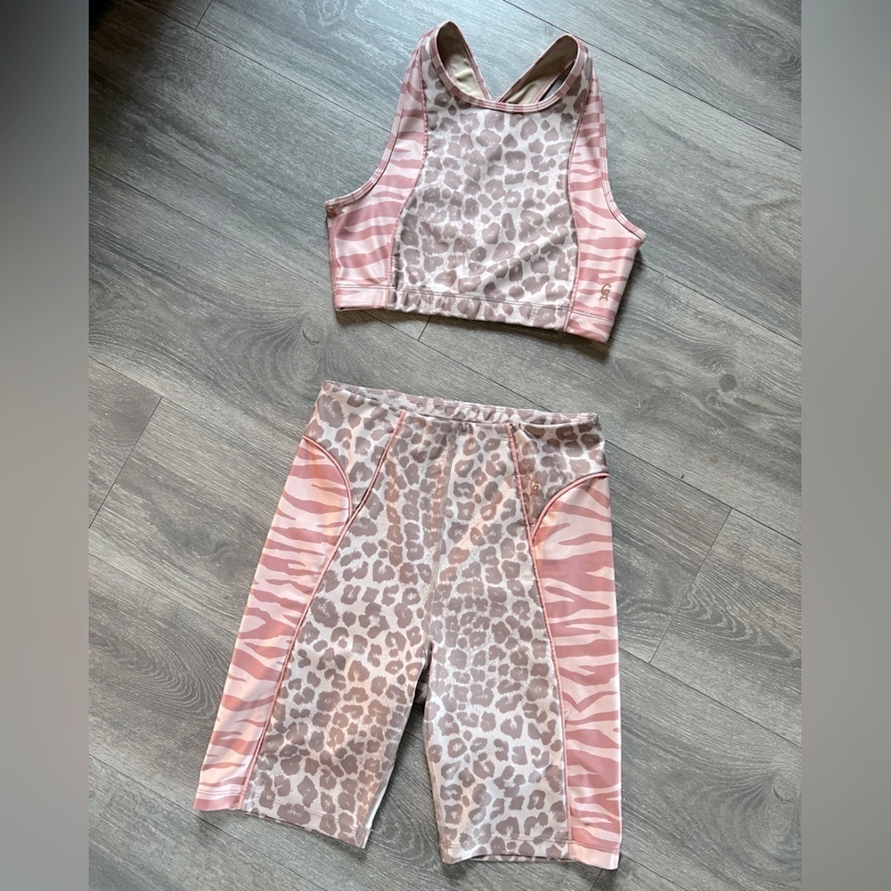 Good American Electric Feel Animal Print Biker Shorts & upper cut Sports bra
